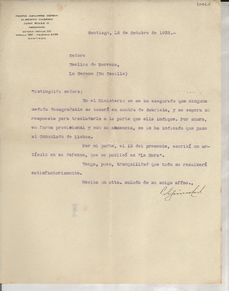 [Carta] 1935 oct. 16, Santiago, [Chile] [a] Emelina de Barraza, La Serena, [Chile]