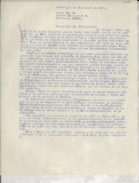 [Carta] 1934 dic. 21, Madrid, [España] [a] Arturo Alessandri, Santiago, Chile