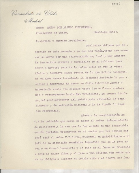 [Carta] 1934 mar. 28, Madrid, [España] [a] Arturo Alessandri, Santiago, Chile