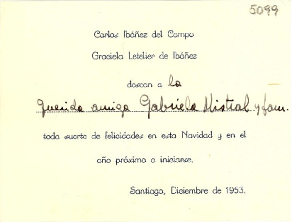 [Tarjeta] 1953 dic., Santiago, [Chile] [a] Gabriela Mistral