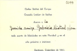 [Tarjeta] 1953 dic., Santiago, [Chile] [a] Gabriela Mistral