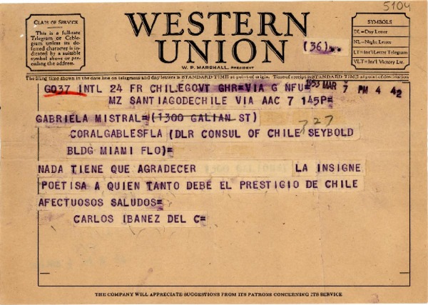 [Telegrama] 1953 mar. 7, Santiago, Chile [a] Gabriela Mistral, Miami, [EE.UU.]