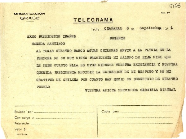 [Telegrama] 1954 sept. 6, Chañaral [a] Presidente Ibañez, Santiago