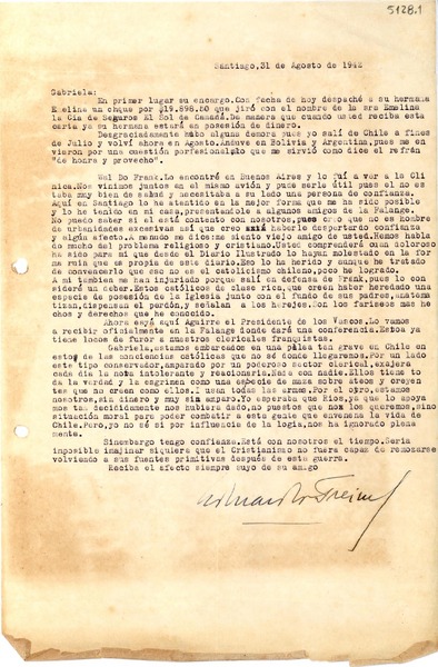 [Carta] 1942 ago. 31, Santiago, [Chile] [a] Gabriela Mistral