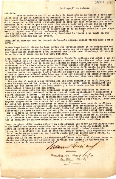 [Carta] [1942] oct. 21, Santiago, [Chile] [a] Gabriela Mistral
