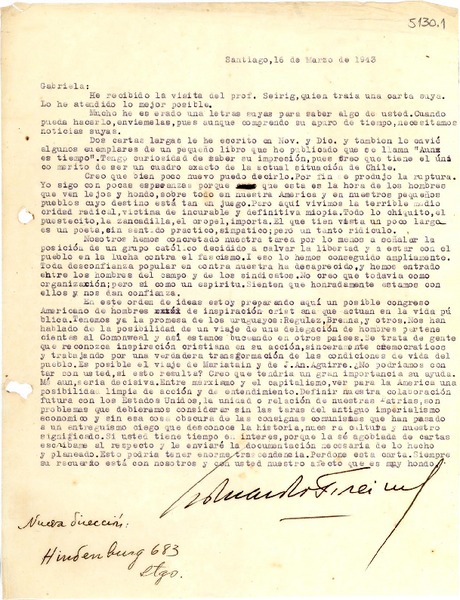 [Carta] 1943 mar. 16, Santiago, [Chile] [a] Gabriela Mistral
