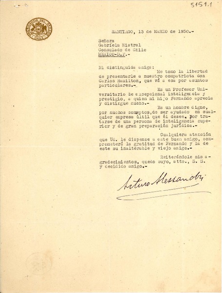 [Carta] 1950 mar. 13, Santiago [a] Gabriela Mistral
