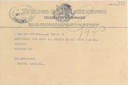 [Telegrama] 1950 sept. 21, Santiago, Chile [a] [Gabriela Mistral], Veracruz, [México]