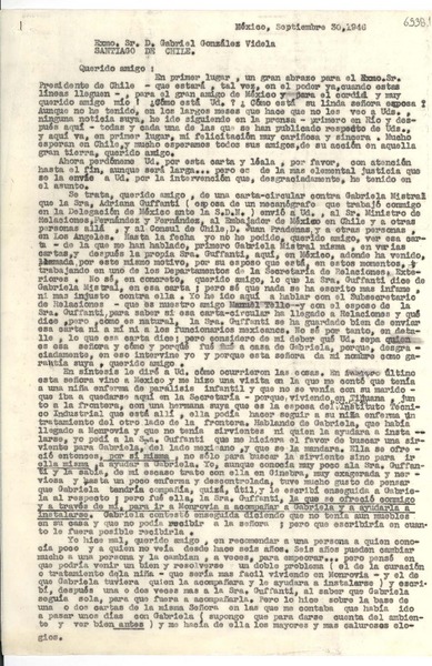 [Carta] 1946 sept. 30, México [a] Gabriel González Videla, Santiago