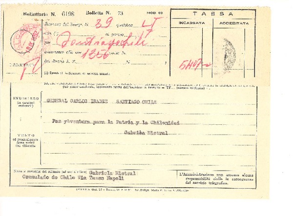 [Telegrama] 1952 set. 18, Consulado de Chile, Napoli, [Italia] [a] General Carlos Ibañez, Santiago, Chile