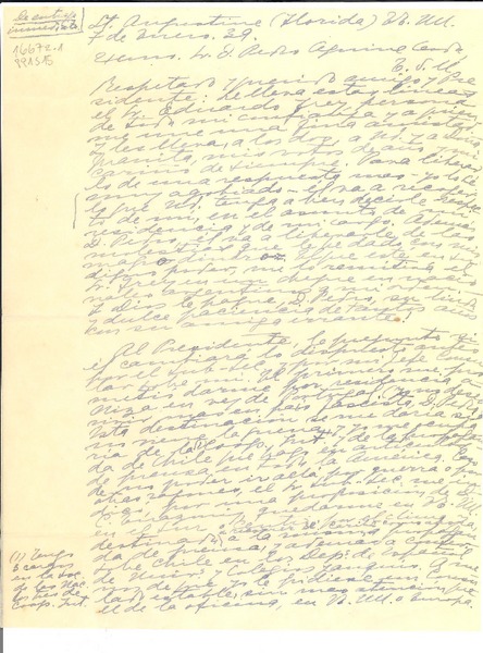 [Carta] 1939 ene. 7, St. Agustine, Florida, EE.UU. [al] Excmo. D. Pedro Aguirre Cerda