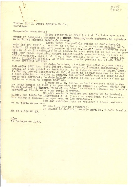 [Carta] 1940 mayo 16, Río, [Brasil] [al] Excmo. Sr. D. Pedro Aguirre Cerda, Santiago, [Chile]
