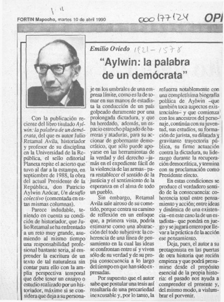 "Aylwin, la palabra de un demócrata"  [artículo] Emilio Oviedo.
