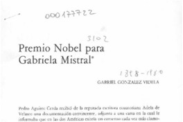 Premio Nobel para Gabriela Mistral  [artículo] Gabriel González Videla.