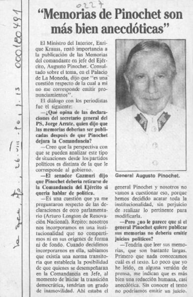 "Memorias de Pinochet son más bien anecdóticas"  [artículo].