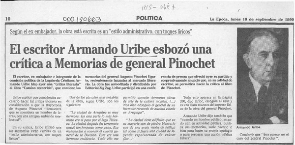 El Escritor Armando Uribe esbozó una crítica a Memorias de general Pinochet  [artículo].