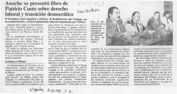 Anoche se presentó libro de Patricio Cueto sobre derecho laboral y transición democrática  [artículo].