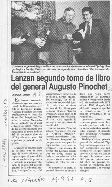 Lanzan segundo tomo de libro del general Augusto Pinochet  [artículo].