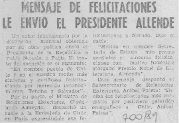 Mensaje de felicitaciones le envió el presidente Allende.