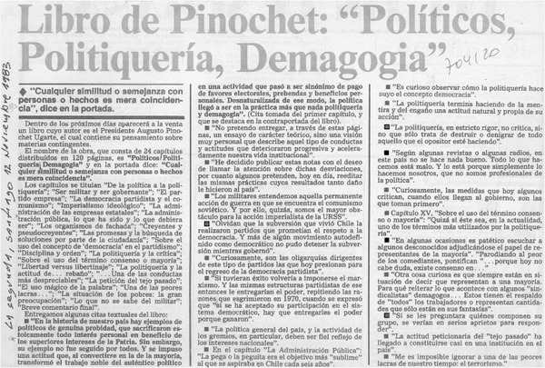 Libro de Pinochet: "Políticos, politiquería, demagogia".