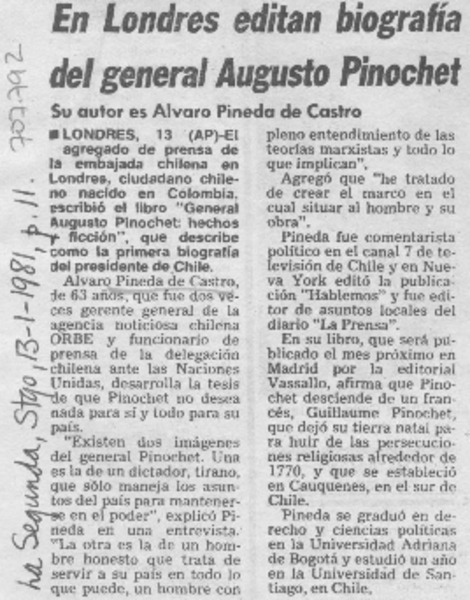 En Londres editan biografía del general Augusto Pinochet.