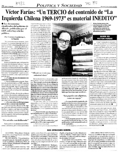 Víctor Farías: "Un tercio del contenido de "La izquierda chilena 1969-1973" es material inédito" : [entrevistas]
