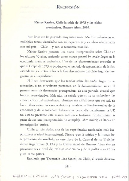 Néstor Restivo, Chile la crisis de 1971