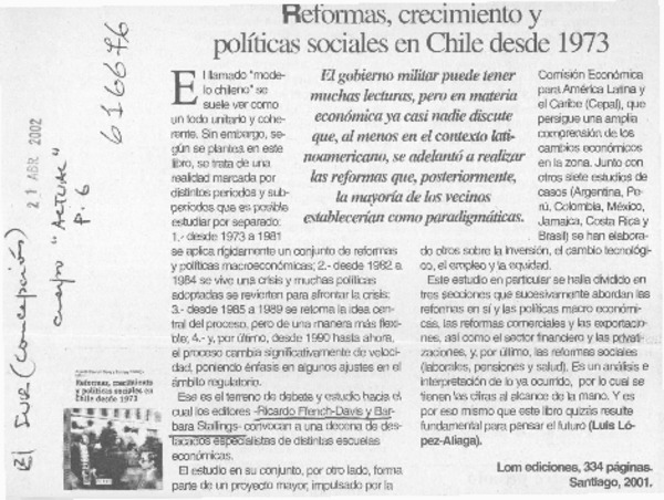 Reformas, crecimiento y políticas sociales en Chile desde 1973  [artículo] Luis López-Aliaga