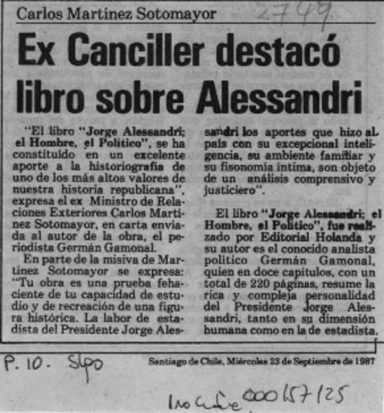 Ex canciller destacó libro sobre Alessandri  [artículo].