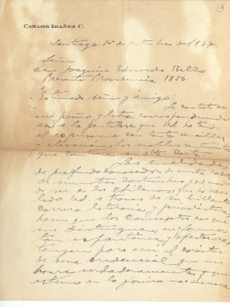 [Carta] 1937 oct. 1, Santiago, Chile [a] Joaquín Edwards Bello