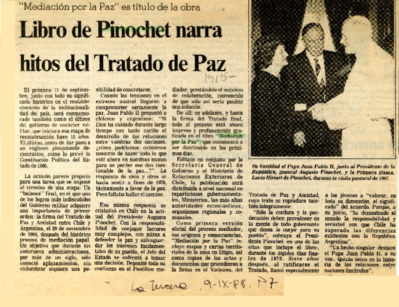 Libro de Pinochet narra hitos del tratado de paz  [artículo]