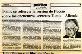 Tomic se refiere a la versión de Puccio sobre los encuentros secretos Tomic-Allende  [artículo] Radomiro Tomic.