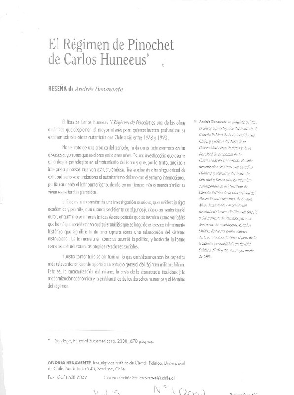 El régimen de Pinochet de Carlos Huneeus  [artículo] Andrés Benavente.