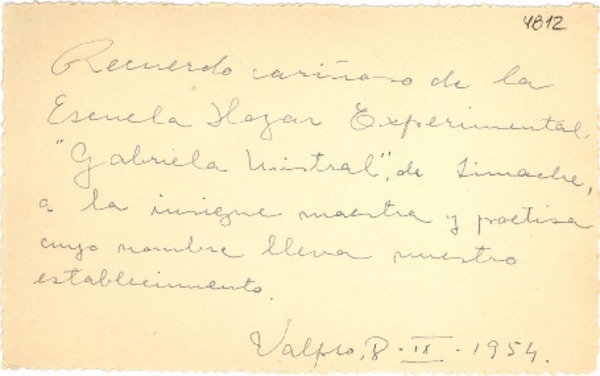 [Tarjeta] 1954 sept. 8, Valparaíso, [Chile] [a] [Gabriela Mistral]