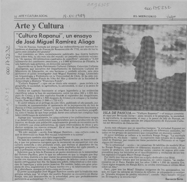 "Cultura Rapanui", un ensayo de José Miguel Ramírez Aliaga  [artículo] Bernardo Soria.