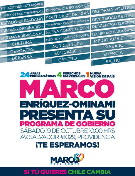 Marco Enríquez-Ominami presenta su programa de gobierno sábado 19 de Octubre 10:00 hras Av. Salvador #1029, Providencia.