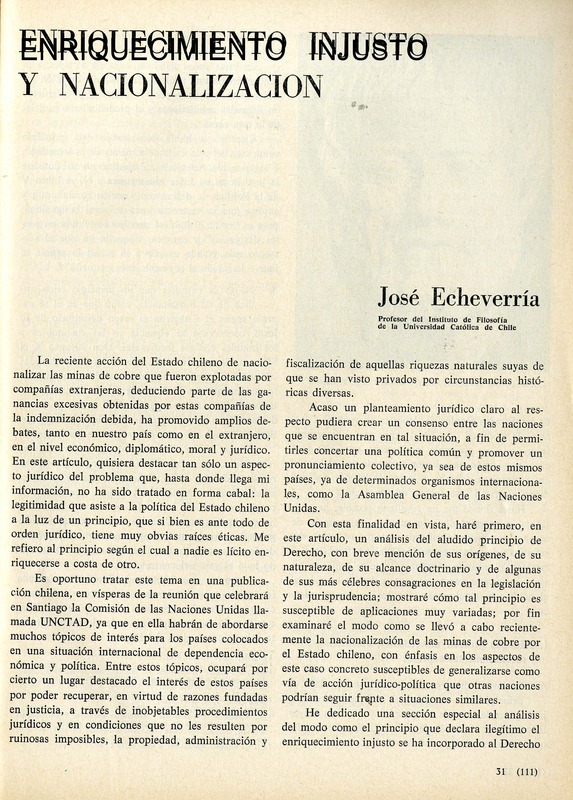 Enriquecimiento injusto y nacionalización  [artículo] José Echeverría.