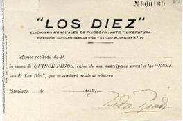  Suscripción anual sin fecha a "Ediciones Los Diez", firmada por Pedro Prado.