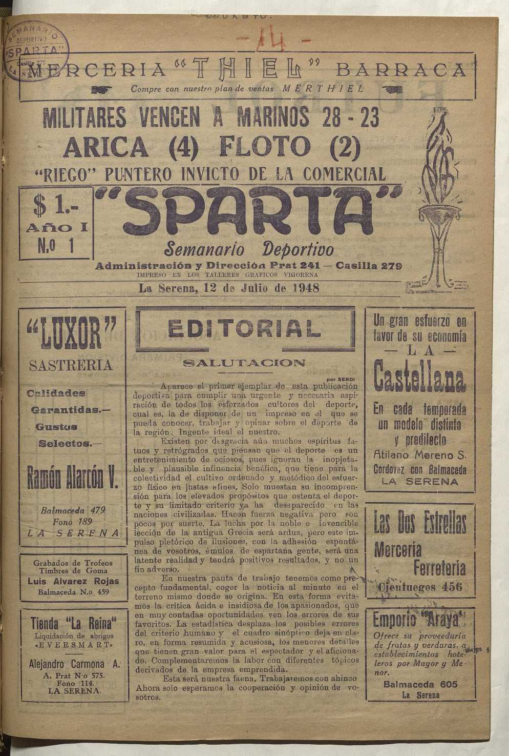 Sparta. Año I, número 1, 12 de julio de 1948