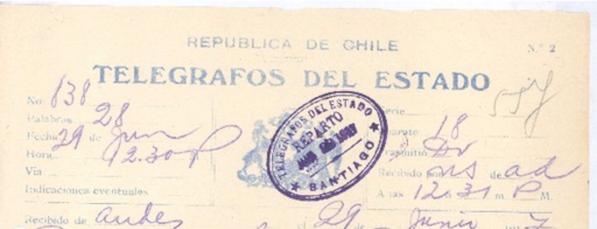 [Telegráma], 1917 jun. 29 Los Andes, Chile <a> Pedro Aguirre Cerda, Chile
