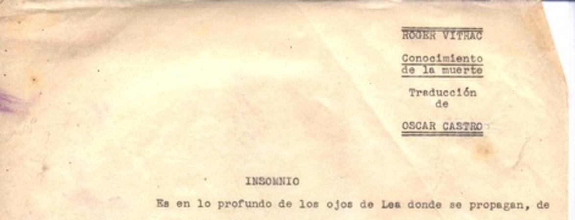 Conocimiento de la muerte :  [manuscrito] Roger Vitrac ; [transcripción y ] traducción de Oscar Castro.