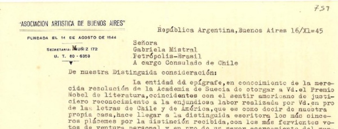 [Carta] 1945 nov. 16, Buenos Aires, República Argentina [a] Gabriela Mistral, Petrópolis, Brasil