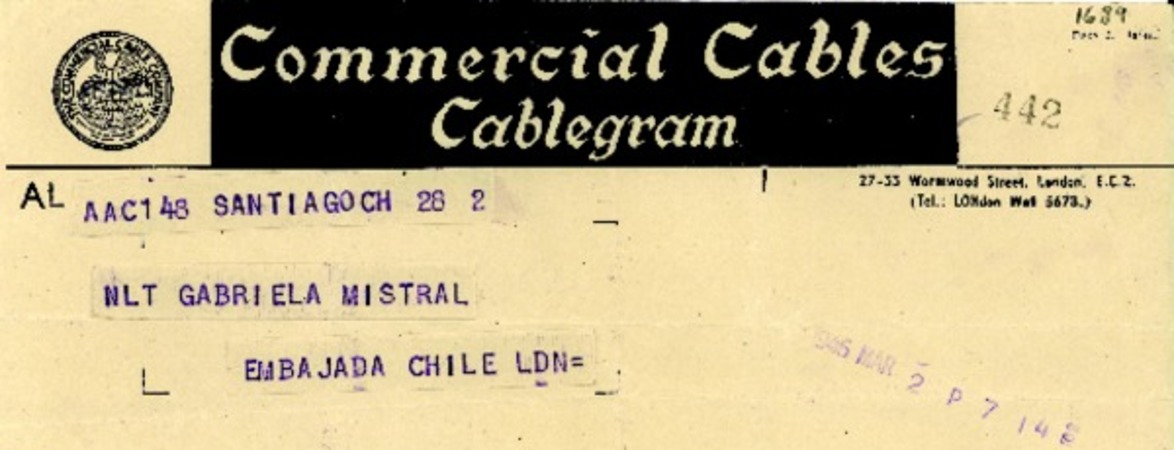 [Telegrama] 1946 mar. 2, Santiago, [Chile] [a] Gabriela Mistral