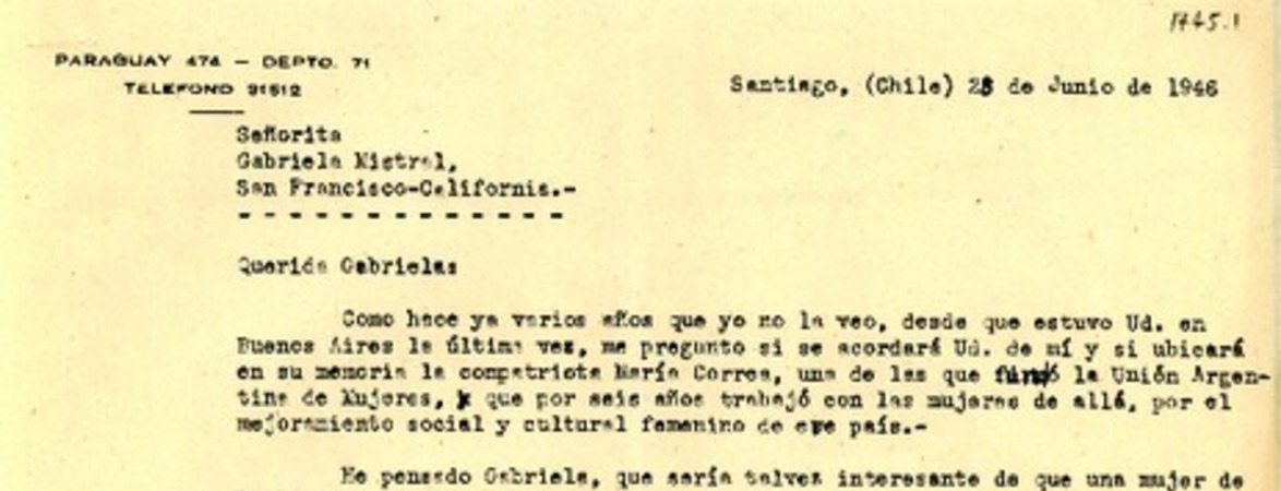 [Carta] 1946 jun. 23, Santiago, Chile [a] Gabriela Mistral, San Francisco, California, [EE.UU.]