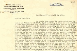 [Carta] 1951 abr. 27, Santiago [a] Gabriela Mistral