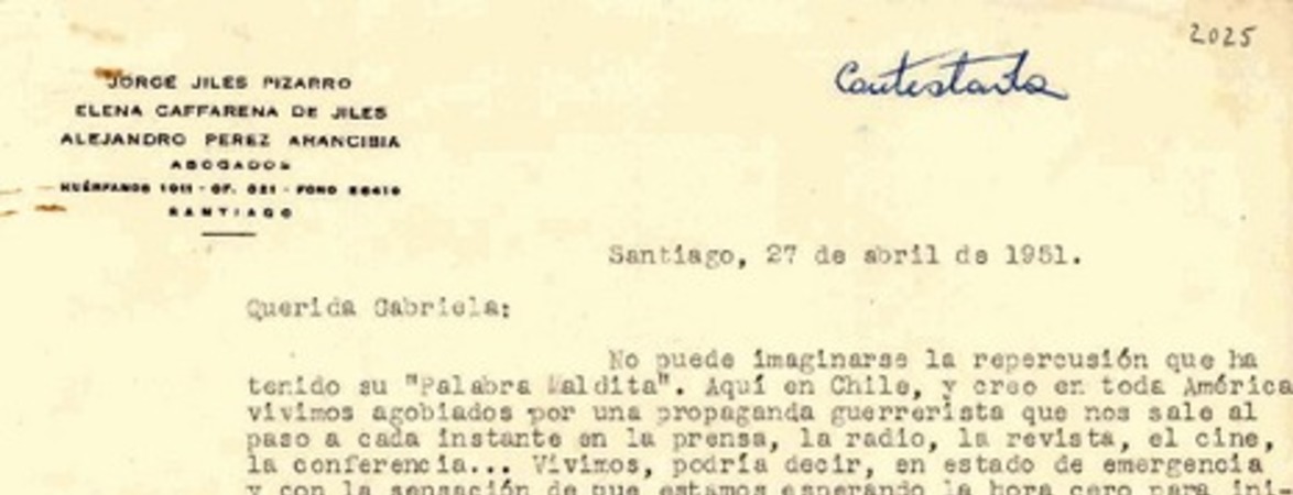[Carta] 1951 abr. 27, Santiago [a] Gabriela Mistral