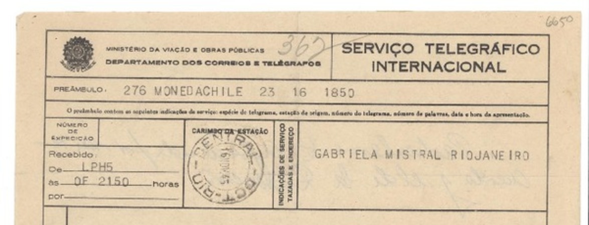 [Telegrama] 1945 nov. 16, [Santiago], Chile [a] Gabriela Mistral, Rio de janeiro, [Brasil]