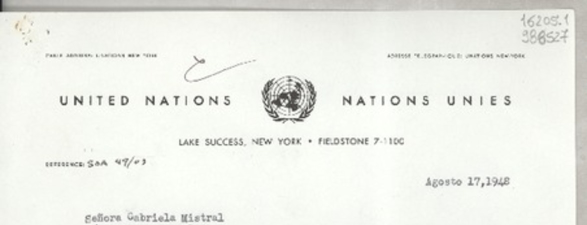 [Carta] 1948 ago. 17, New York, [Estados Unidos] [a] Señora Gabriela Mistral, Chilean Consulate Los Angeles, California