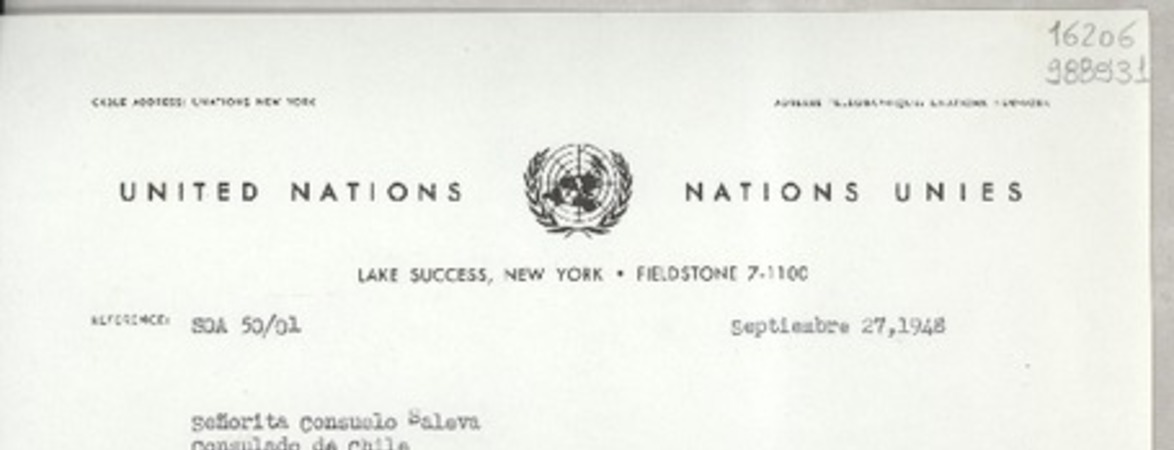 [Carta] 1948 sept. 27, New York, [Estados Unidos] [a] Señorita Consuelo saleva, Consulado de Chile, Santa Barbara, California