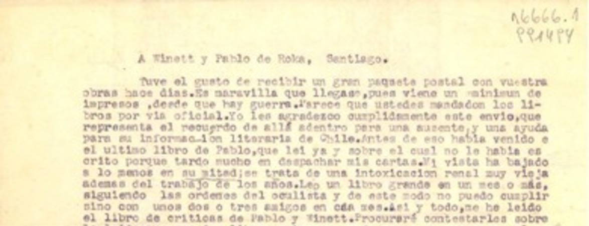 [Carta] 1943 feb. 20, Petrópolis, [Brasil] [a] Winett y Pablo de Roka [i.e. Rokha], Santiago, [Chile]